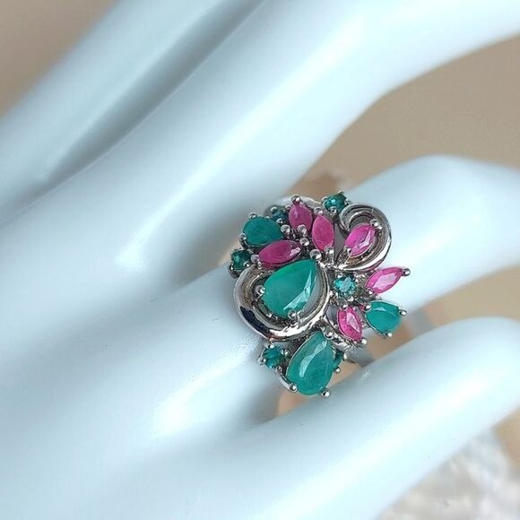 Natural Emerald 6x4mm & Ruby 925 Sterling Silver Ring Sz 6.5 - Picture 4 of 7